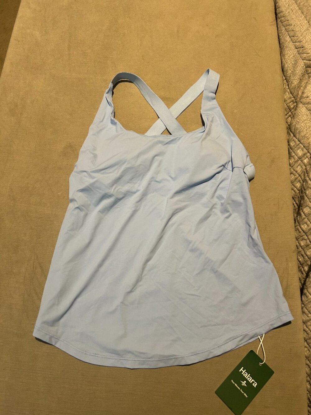 HALARA Yoga Tank Top Crisscross Logo Straps Built In Bra Powder Blue Size XS